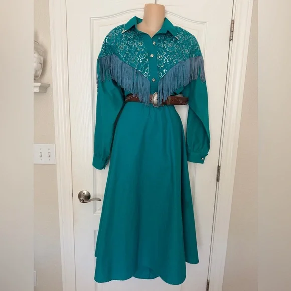VTG 80s Lilia Guilty Smitty Smith Teal Green Fringed Western Cowgirl Maxi Dress - Picture 2 of 13